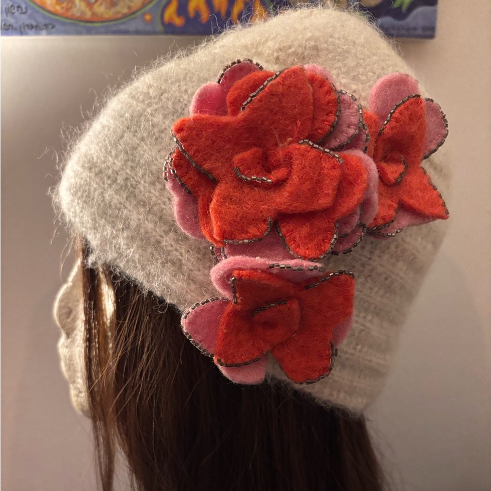 Hand made French Knot Floral Wool Knit Beanie in Cream with grey Fleece Lining